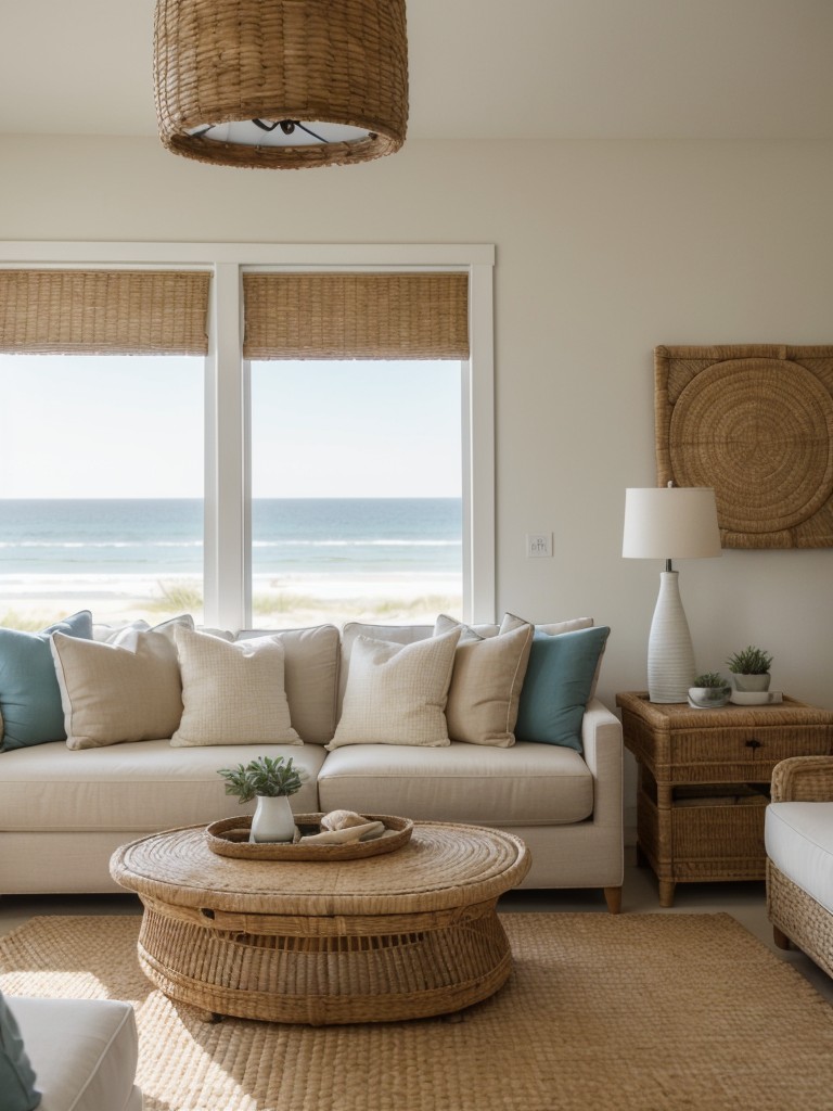 Enhance the coastal vibe in your apartment by incorporating natural textures like rattan, sisal, and driftwood, along with beach-inspired artwork and accessories.