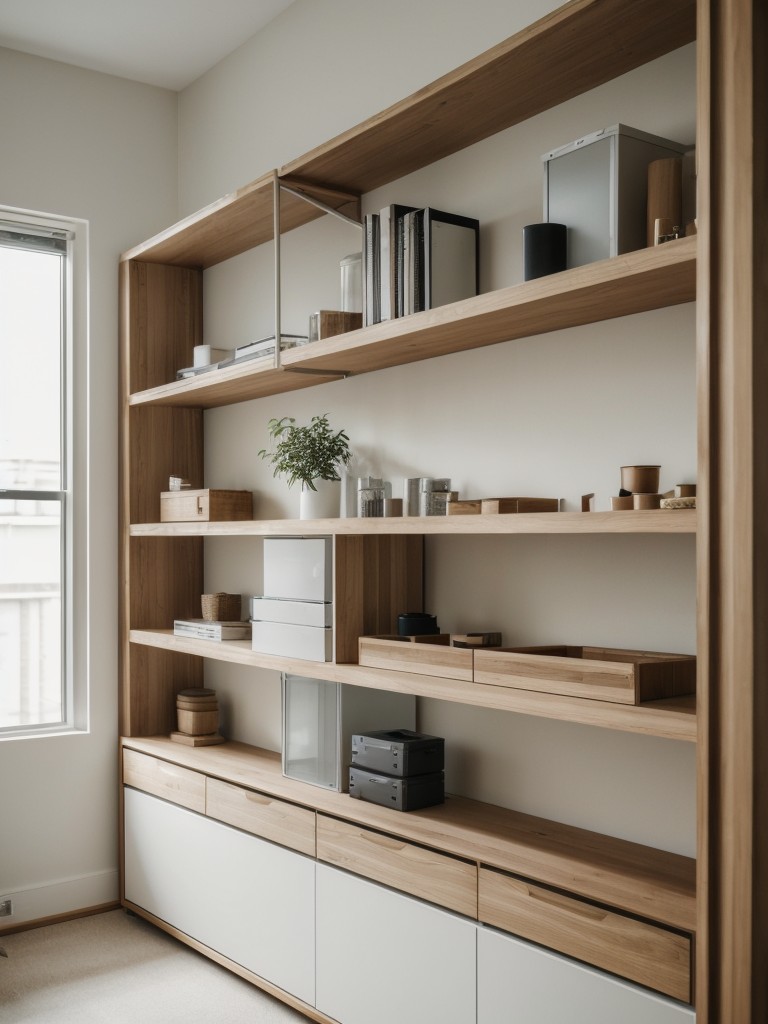 Experiment with open shelving and modular furniture to achieve a minimalistic look in your apartment, focusing on functionality and decluttering your living space.