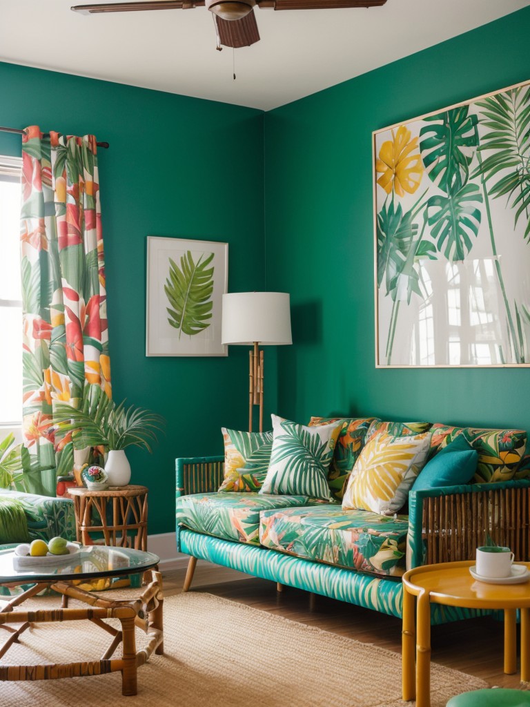 Transform your apartment into a tropical oasis with bold colors, lush greenery, and playful patterns, incorporating bamboo furniture, tropical prints, and vibrant accent pieces.