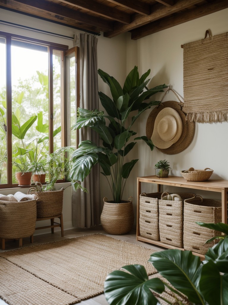 Use natural materials like jute rugs, woven baskets, and leafy plants, along with a combination of textures, to bring the exotic and tropical feel into your apartment design.