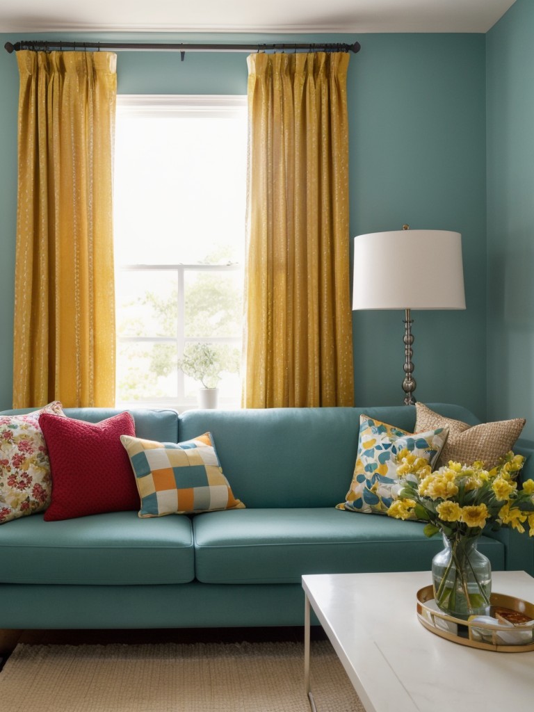 Experiment with bold pops of color using accent pieces like throw pillows or curtains.