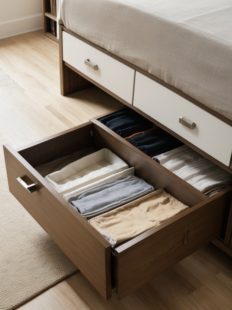 Incorporate storage solutions under your bed, such as pull-out drawers or bins.