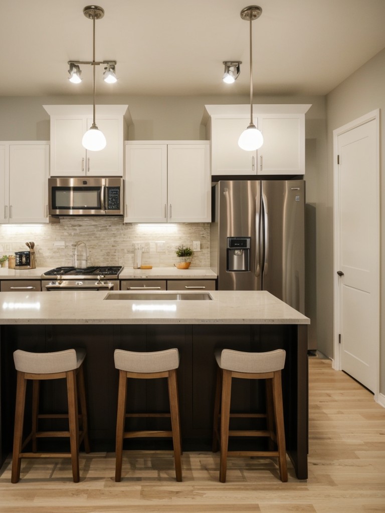 Consider adding a breakfast bar or kitchen island to create a clear distinction between the kitchen and living area in your studio apartment.