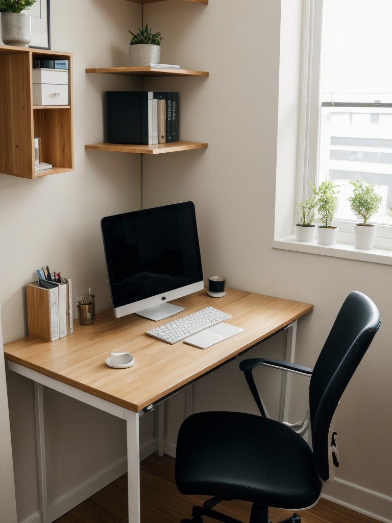 Create a small study nook or workspace by utilizing a compact desk and chair, setting it up in a separate corner of your studio apartment.