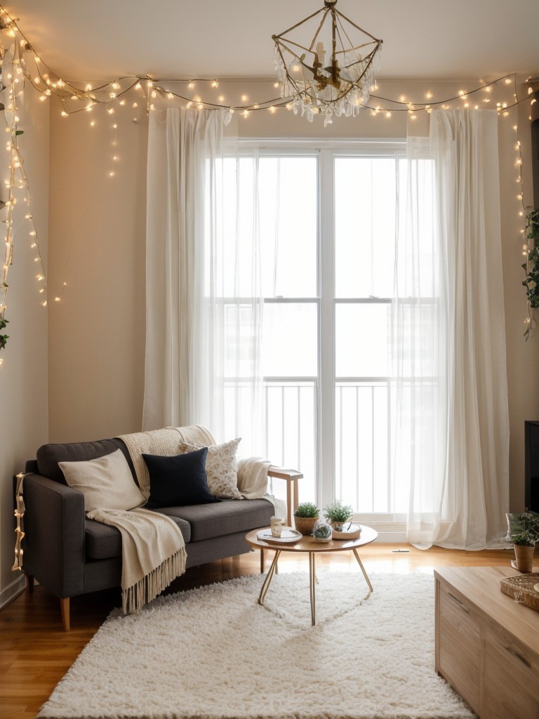 Hang a decorative beaded curtain or string lights to create a stylish and whimsical division between different areas in your studio apartment.