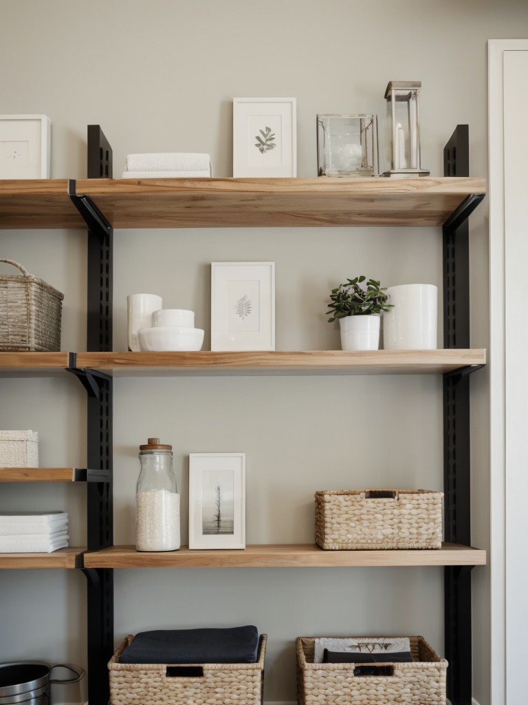 Hang floating shelves or install wall-mounted storage units to create visual divisions between different functional areas.