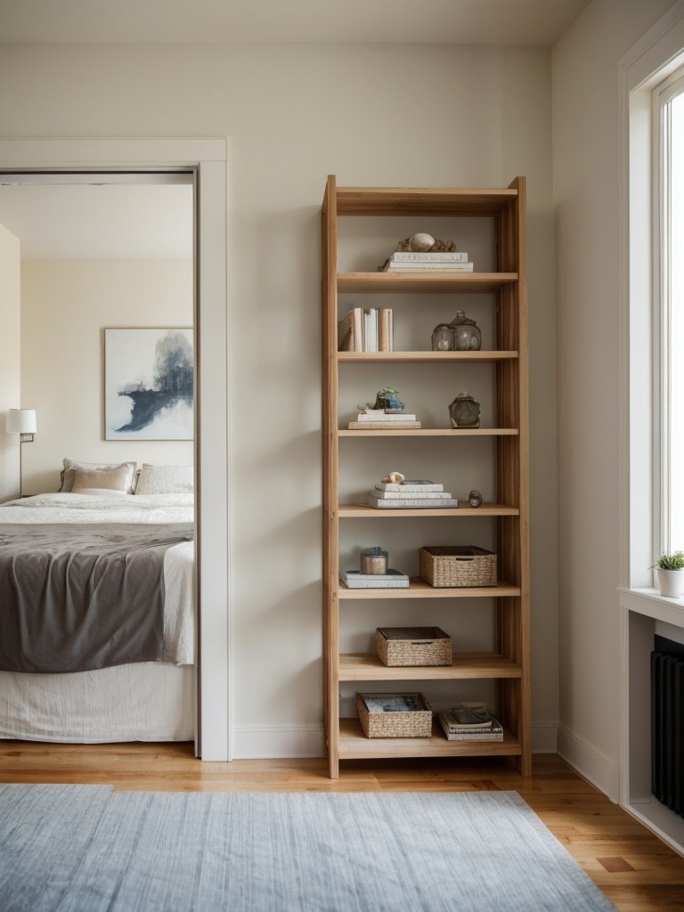 Incorporate a freestanding open bookshelf to create a visual barrier between the living area and the bedroom in your studio apartment.