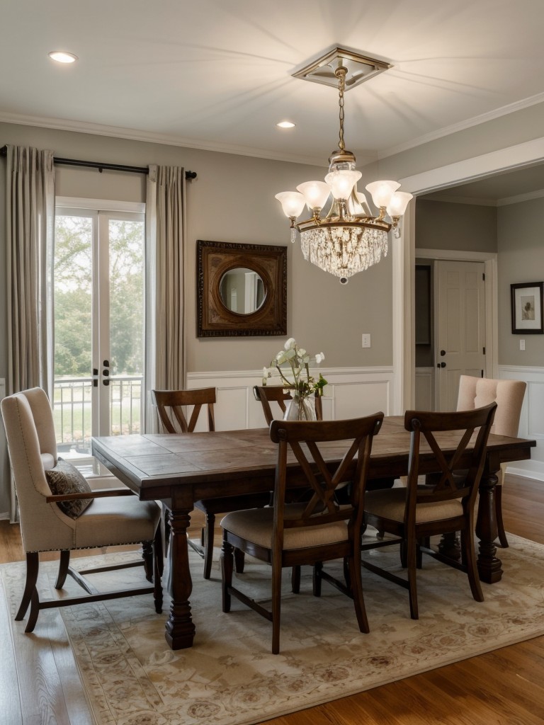 Add depth to the room by incorporating a statement chandelier or pendant lights above the dining area.