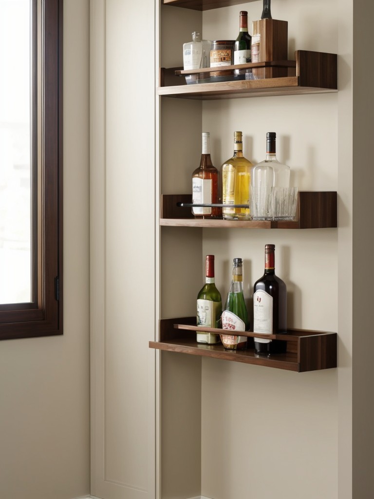 Maximize vertical space by installing floating shelves or a wall-mounted bar for additional storage and display options.