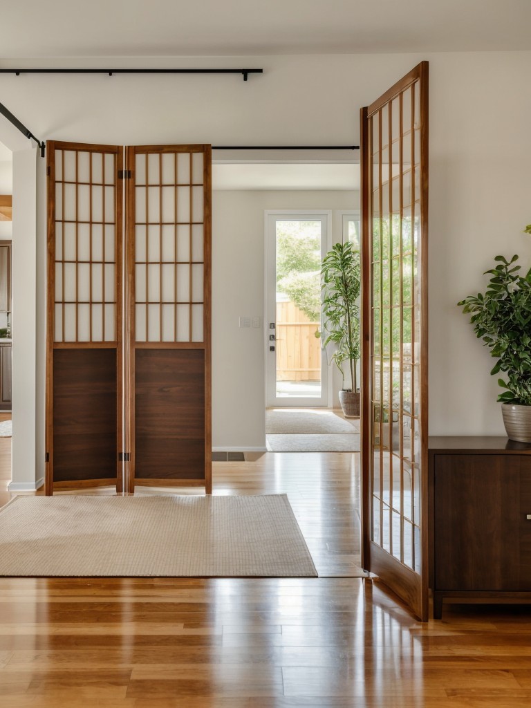 Consider using a room divider or folding screen to separate the entryway from the rest of the living area, adding privacy and visual interest.