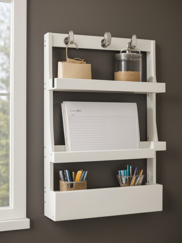 Consider using a wall-mounted floating shelf with hooks underneath to create a mini command center for keys, mail, and small accessories.