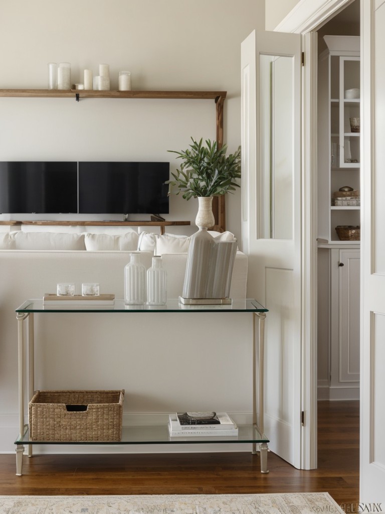Incorporate a stylish console table with open shelving or glass doors to display decorative accents while offering additional storage.