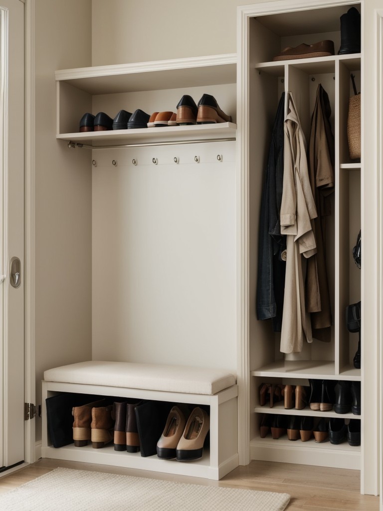 Install a small, narrow bench with hidden storage underneath for shoes and accessories, offering a convenient seating area in the entryway.