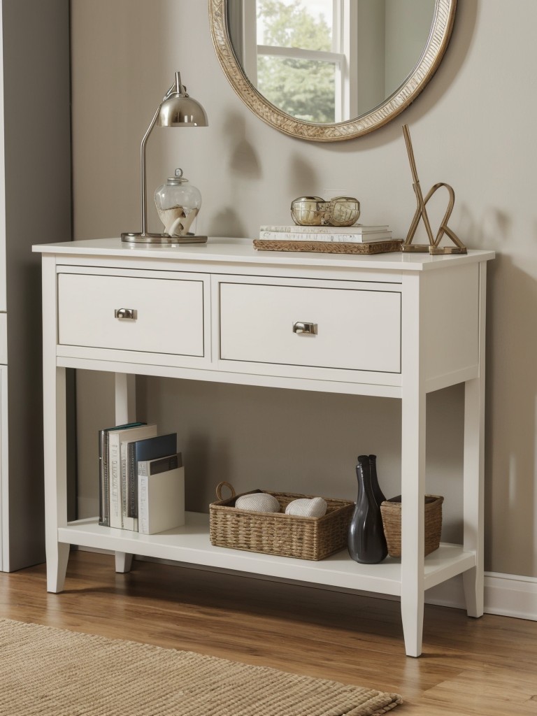 Opt for a slim console table with drawers underneath for additional storage, accompanied by a stylish umbrella stand to keep things organized and tidy.