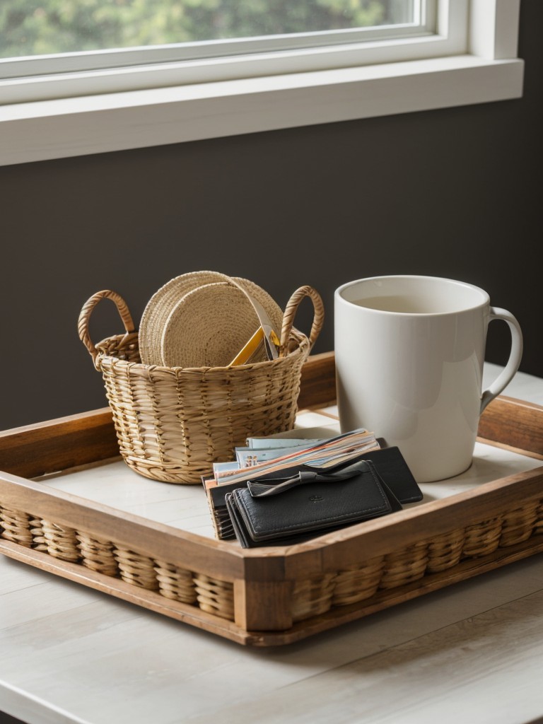 Use a decorative tray or basket on a console table to corral small items like sunglasses, wallets, and spare change.