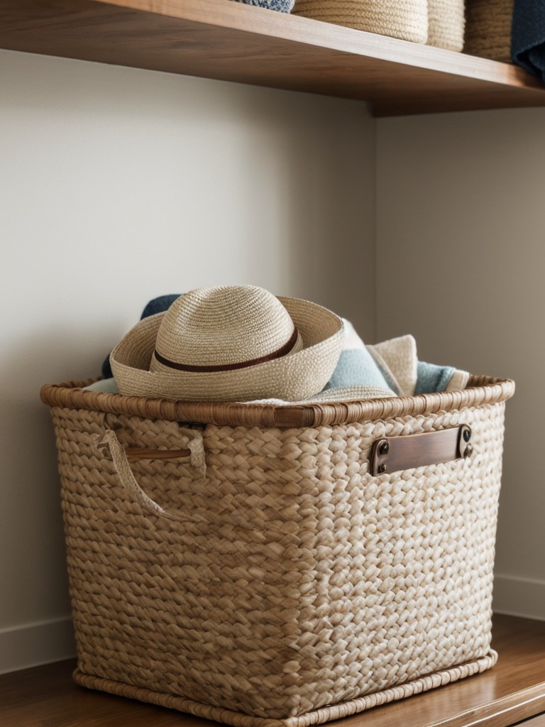 Use a decorative woven or fabric storage bin to keep hats, gloves, and scarves organized and within reach.