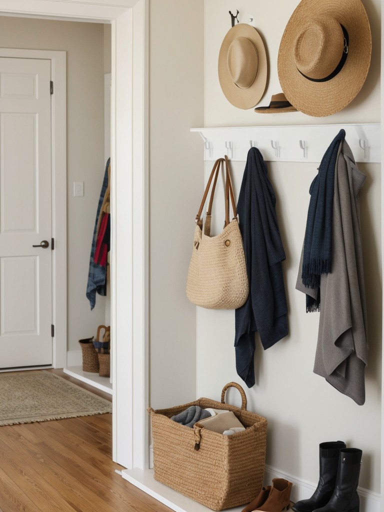Use wall-mounted hooks to hang hats, scarves, and bags, freeing up valuable floor space and keeping the entryway clutter-free.