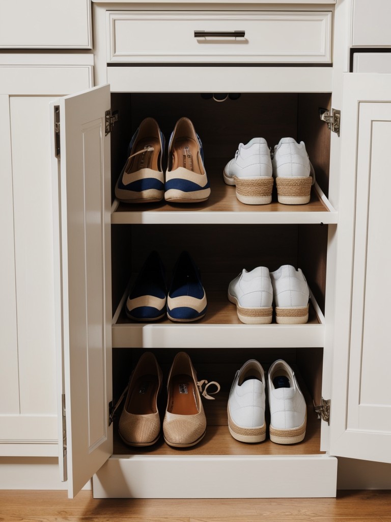 Utilize a slim shoe cabinet with pull-out drawers to store and organize your shoe collection discreetly.