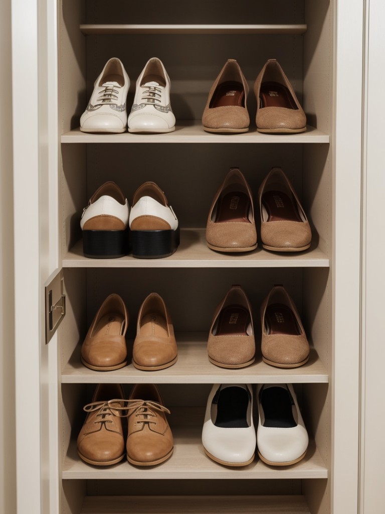 Utilize a wall-mounted shoe rack with compartments to store shoes vertically, saving space and keeping them easily accessible.