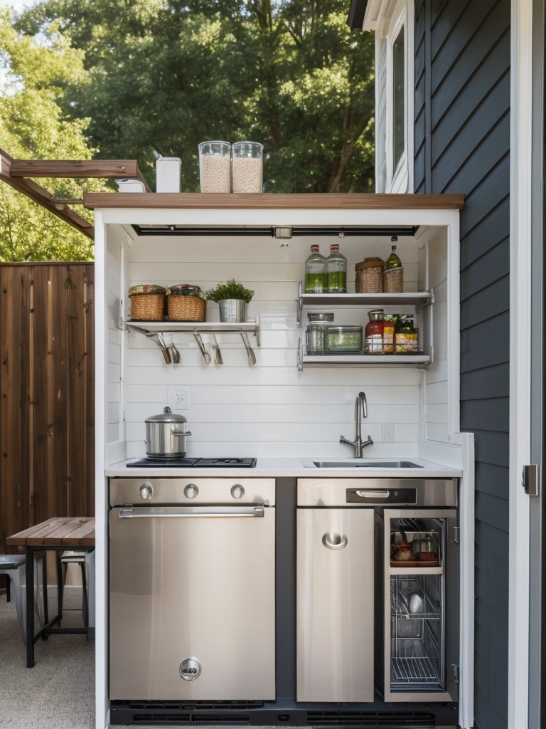 Add functionality to your small apartment front porch with a small outdoor kitchenette, equipped with a mini fridge, a grill, and a compact food prep area.