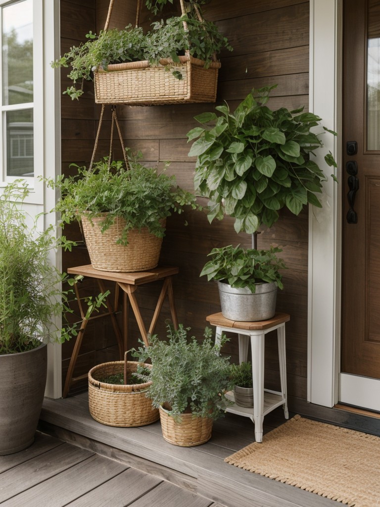 Bring natural elements to your small apartment front porch through the use of wooden furniture, wicker baskets for storage, and hanging planters with cascading greenery.