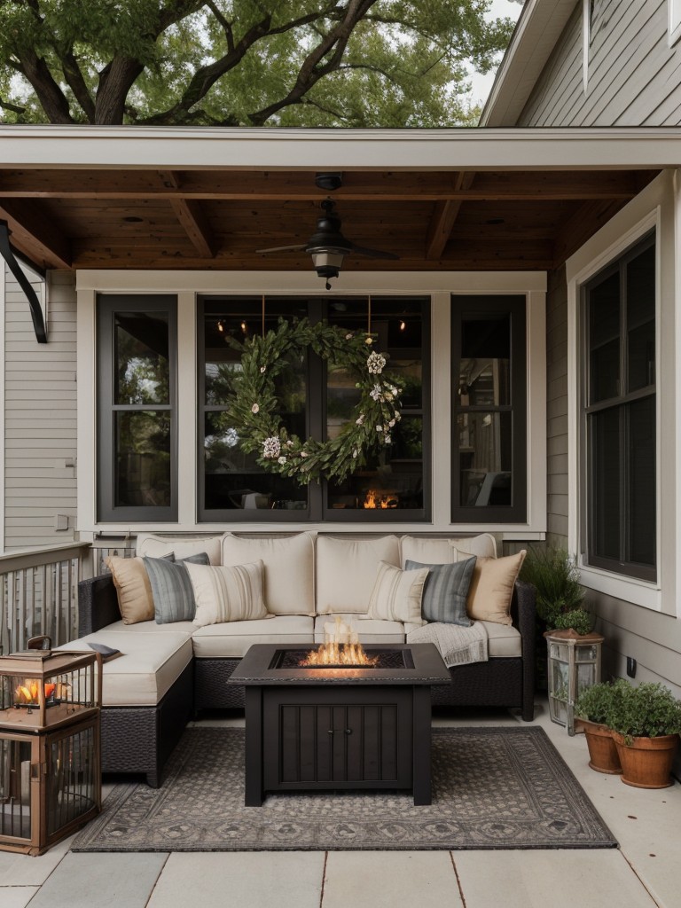Create a cozy and inviting ambiance on your small apartment front porch with outdoor rugs, floor cushions, and a fire pit for cooler evenings.