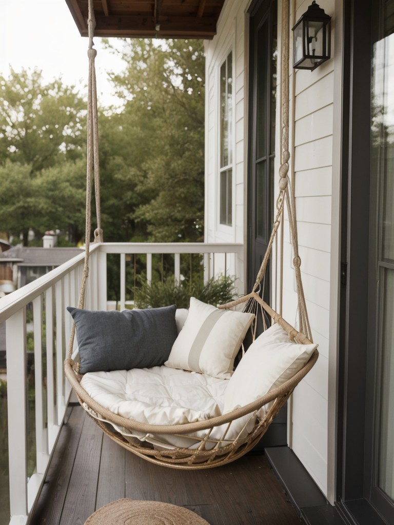 Create a cozy nook on your small apartment front porch with a hammock chair or a hanging swing, perfect for unwinding with a good book or a relaxing nap.