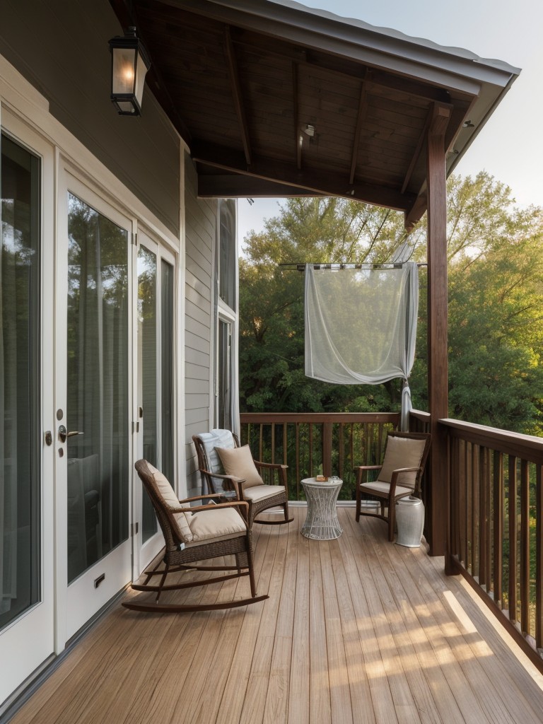 Create an inviting atmosphere on your small apartment front porch by installing outdoor curtains for privacy and shade, along with a welcoming entrance mat.