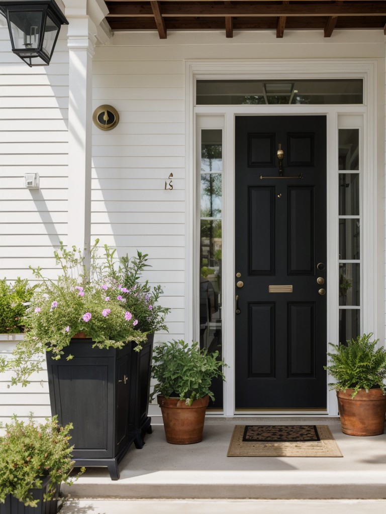 Don't overlook the power of small details on your apartment front porch, such as decorative wall art, stylish planters, and a trendy doorknob.