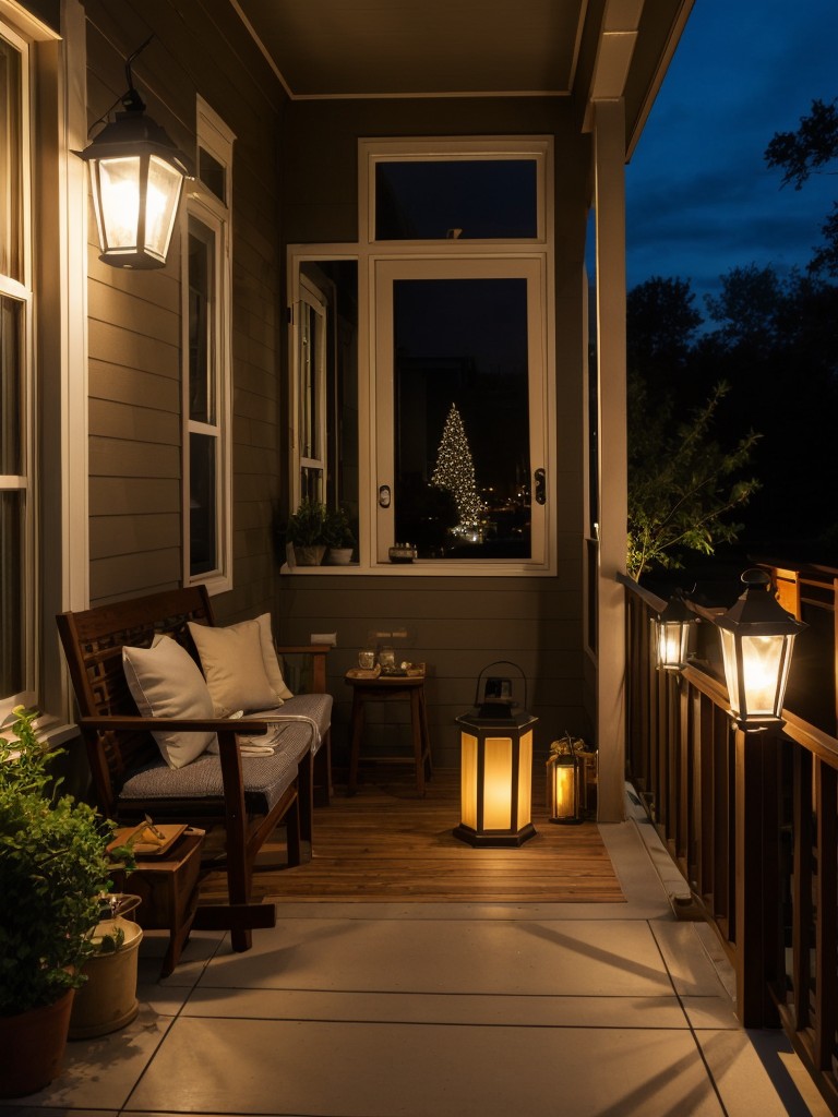 Enhance the aesthetics of your small apartment front porch with decorative lighting elements, such as lanterns, fairy lights, or solar-powered spotlights.