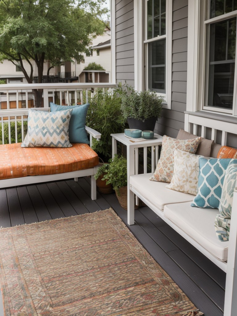 Enhance the visual appeal of your small apartment front porch by using a combination of outdoor rugs, patterned cushions, and colorful throw pillows.