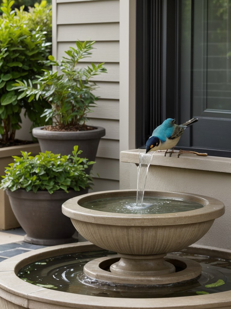 Incorporate a small water feature, like a tabletop fountain or a birdbath, on your apartment front porch to create a soothing ambiance and attract wildlife.