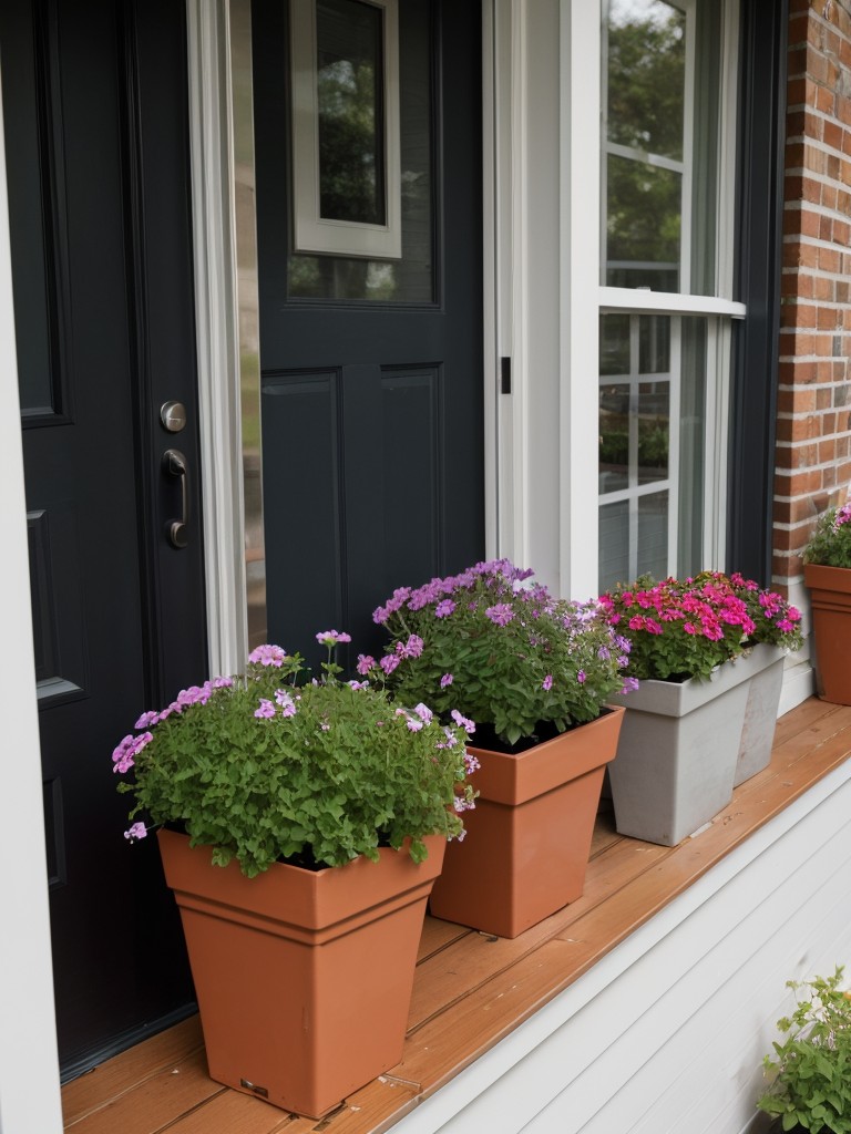 Make your small apartment front porch bloom with color by planting a variety of flowers in containers of different sizes, shapes, and heights.