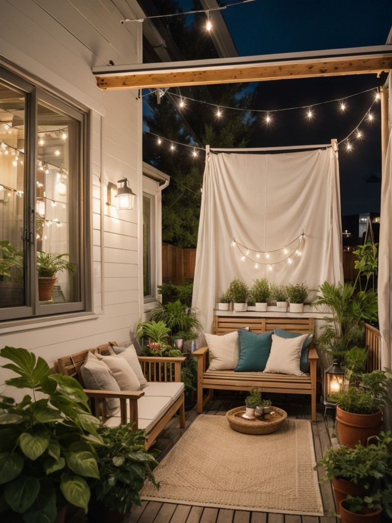 Transform your small apartment front porch into a cozy outdoor oasis with comfortable seating, vibrant plants, and hanging string lights.