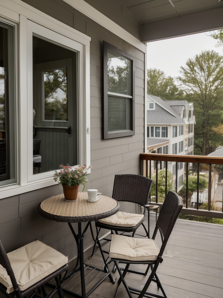 Utilize a bistro set or folding chairs and a small table on your apartment front porch, providing a cozy spot to enjoy morning coffee or a relaxing evening.