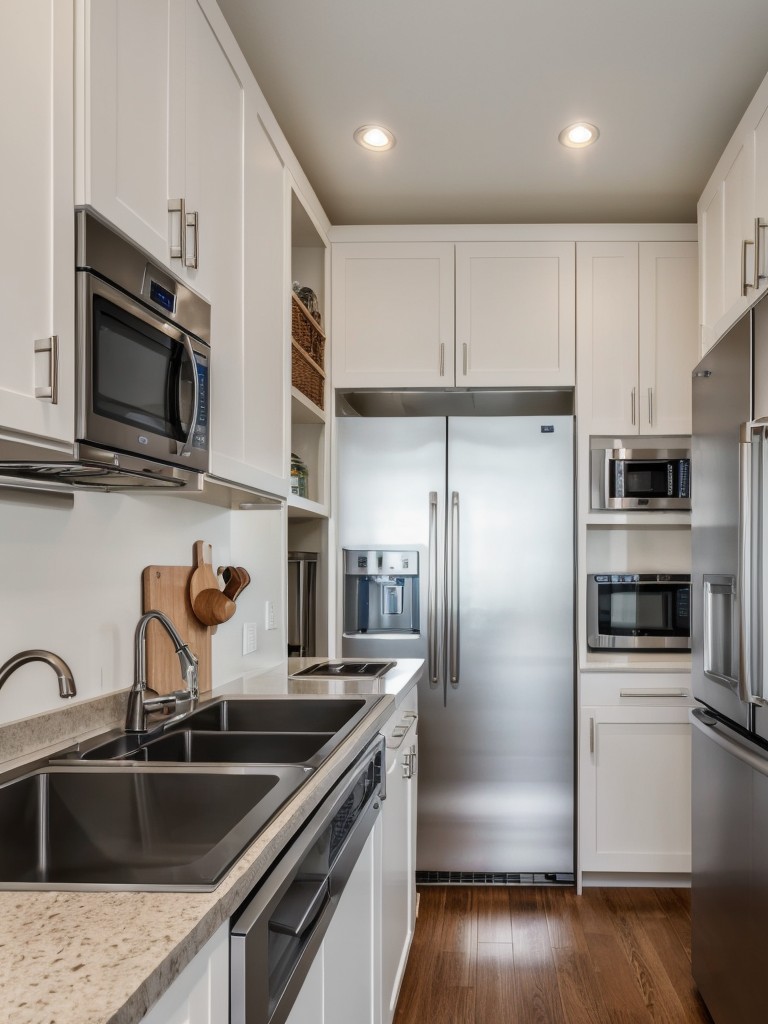 Choose compact and multi-purpose appliances to maximize counter space in a galley kitchen.