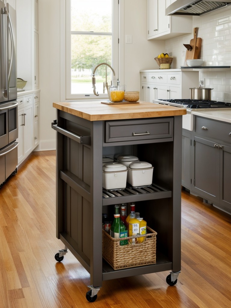 Incorporate a narrow rolling cart or kitchen island with storage underneath for added counter space in a small galley kitchen.
