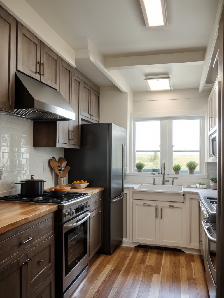 Install a ceiling-mounted pot rack to free up cabinet space and add a stylish accent to a small galley kitchen.