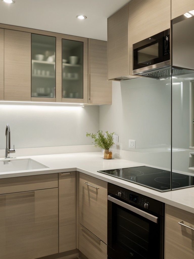 Install a mirrored backsplash to visually expand a small galley kitchen and make it appear brighter and more spacious.