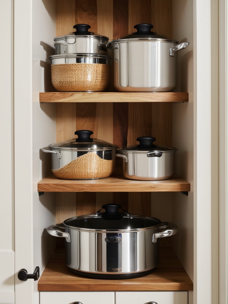 Install open shelves or a pot rail above the range to keep frequently used cookware within easy reach in a small galley kitchen.