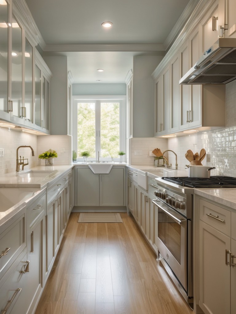 Opt for light-colored cabinets and reflective surfaces to create the illusion of a larger space in a galley kitchen.