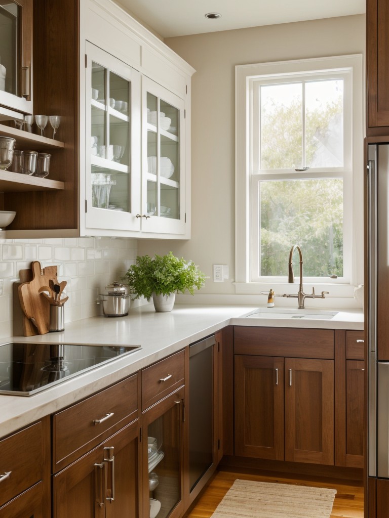 Use glass cabinet doors to visually expand a small galley kitchen and showcase selected dishware or decorative items.