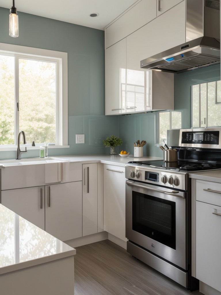 Use light-colored and reflective materials like glass or high-gloss finishes for countertops and backsplashes to enhance the brightness of a small galley kitchen.