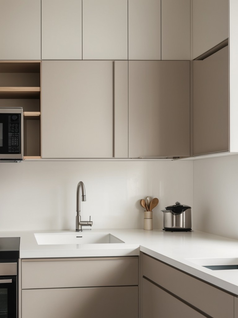 Use a neutral color palette and sleek, handle-less cabinets to create a minimalist aesthetic in a small galley kitchen.