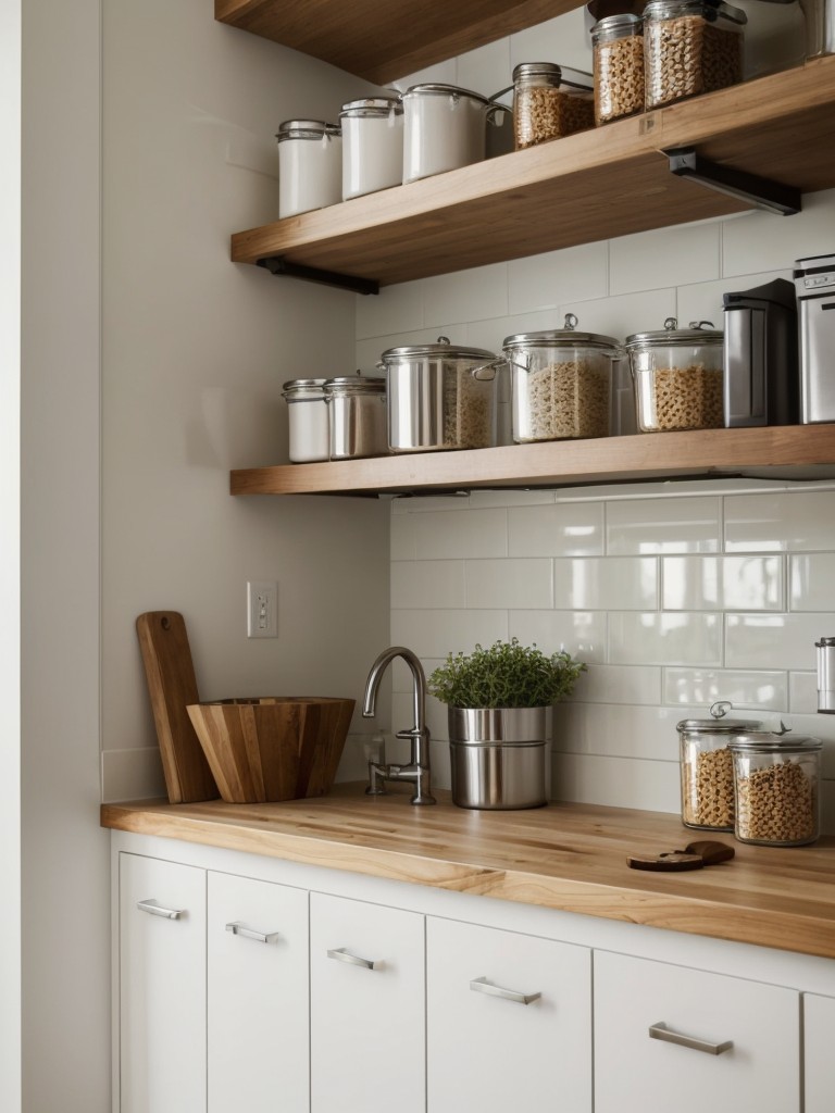 Utilize vertical space with open shelving and hanging pot racks to maximize storage in a small galley kitchen.