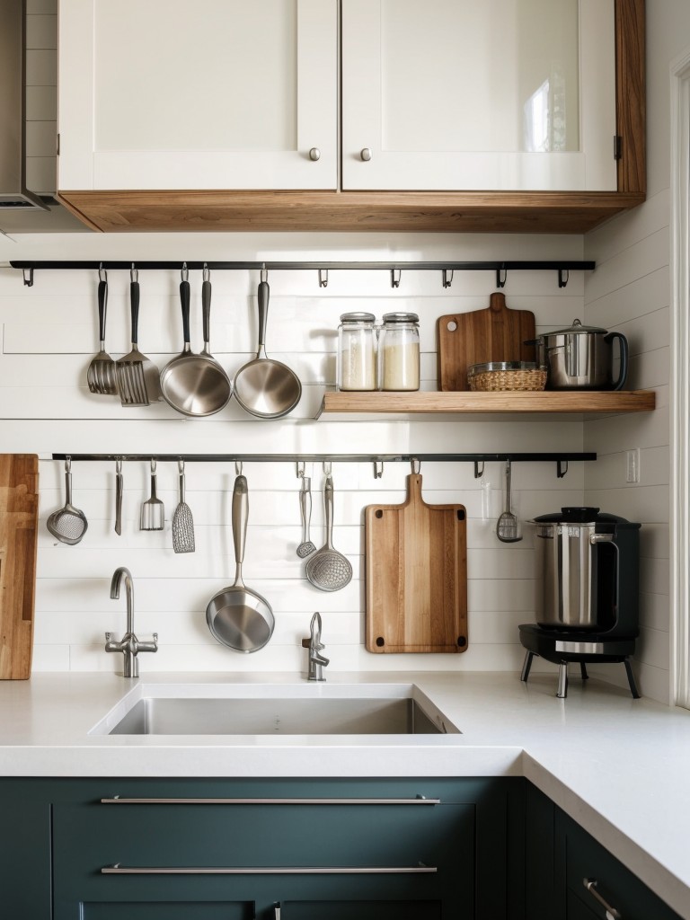 Utilize wall-mounted hooks or pegboards to store utensils and small kitchen gadgets in a galley kitchen, keeping the countertops clutter-free.