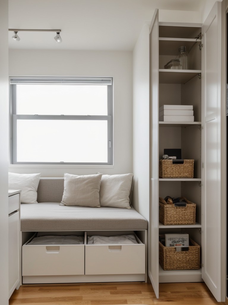 Clever space-saving solutions for maximizing storage in a small apartment.