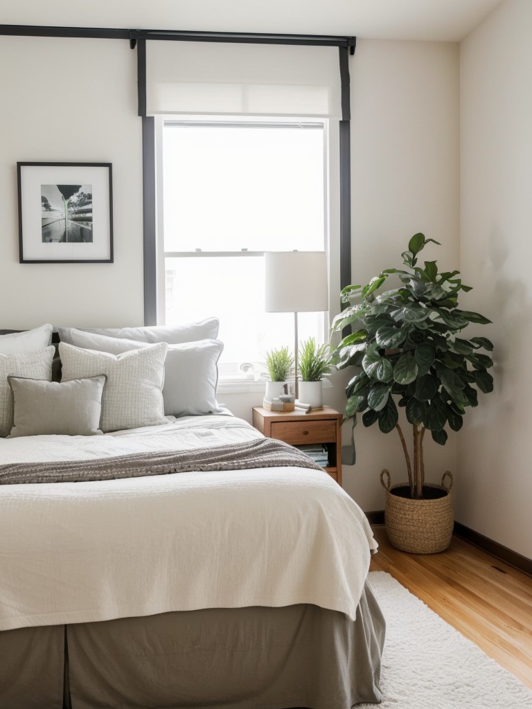 Ideas for creating a comfortable and relaxing bedroom oasis in a small apartment for a couple.