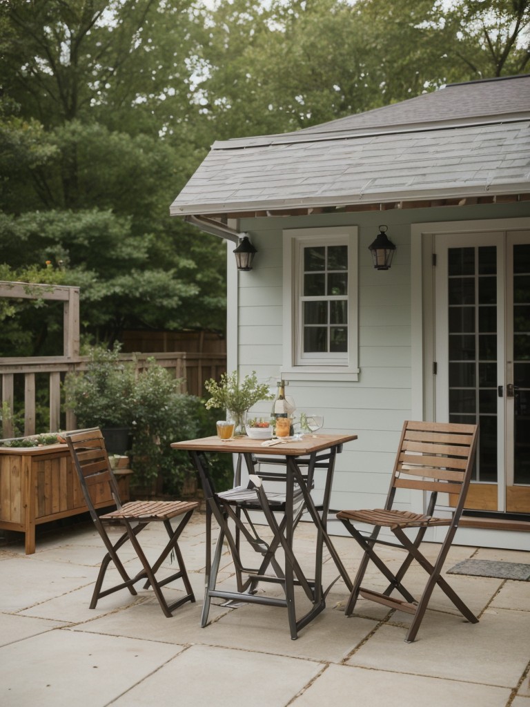 Compact dining: Opt for a small bistro set or folding table and chairs to maximize space for outdoor dining.