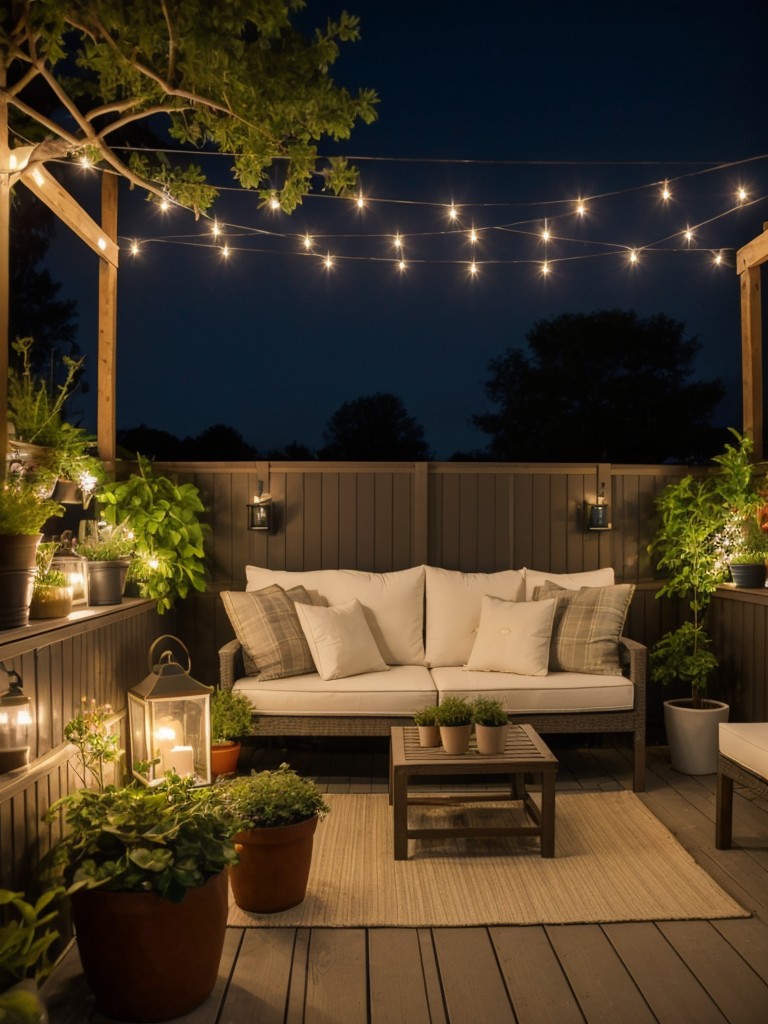 Cozy oasis: Create a small outdoor retreat with comfortable seating, string lights, and potted plants.